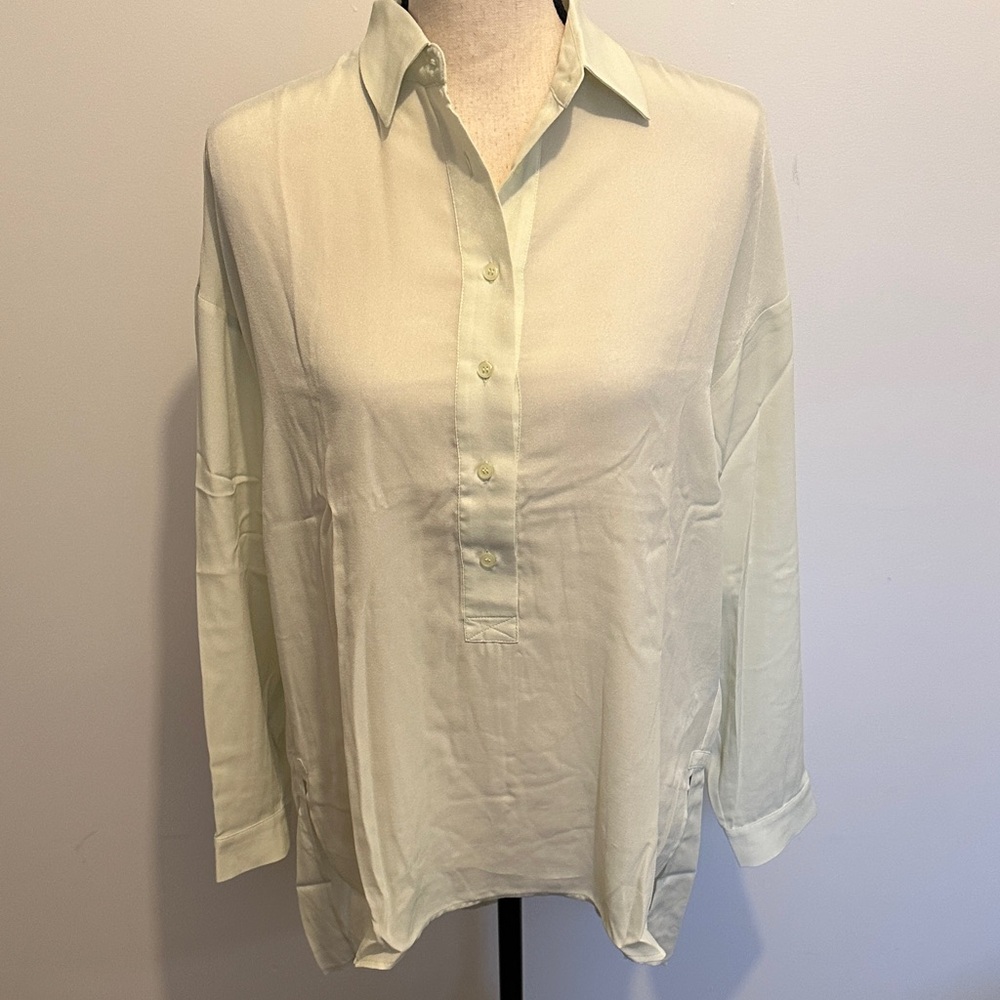 NEW Ro & De Anthropologie Green Button-Up Blouse Pleated Sheer Small Oversized